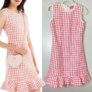 NEW KATE SPADE DRESS COQUETTE PINK WHITE METALLIC GOLD TWEED GINGHAM RUFFLE